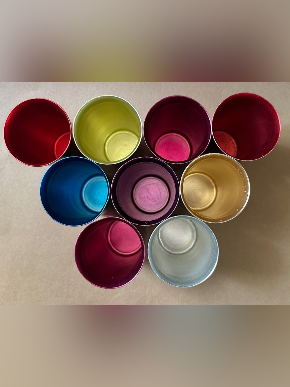 1950s MCM Sunburst Colorful Anodized Aluminum Drinking Glasses Lot of 9